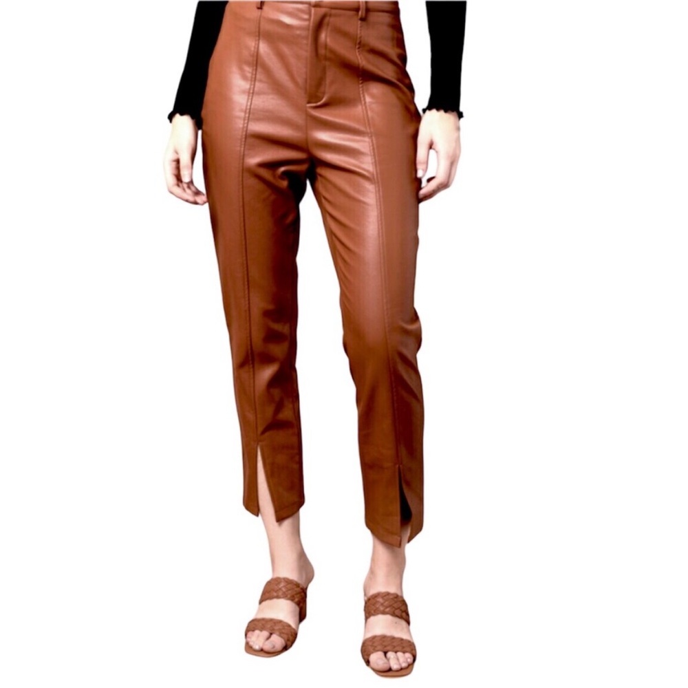 Jason Wu Light Brown Faux Leather Crop Skinny Split Ankle Seam Pants